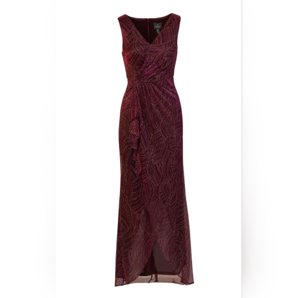 Gorgeous Adrianna Papell Metallic Mesh Faux Wrap Gown - Size 10, Burgundy/Purple